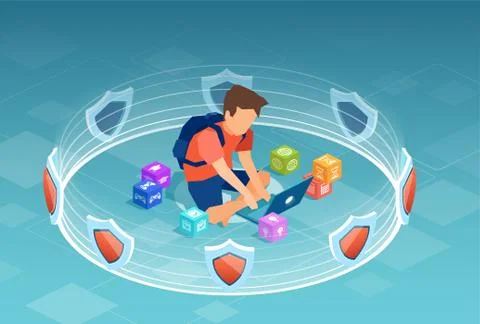 Vector of a boy using laptop computer surrounded by 3d shields, software prot Stock Illustration