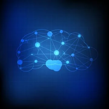 Vector : Brain and circle with network on blue grid background Stock Illustration