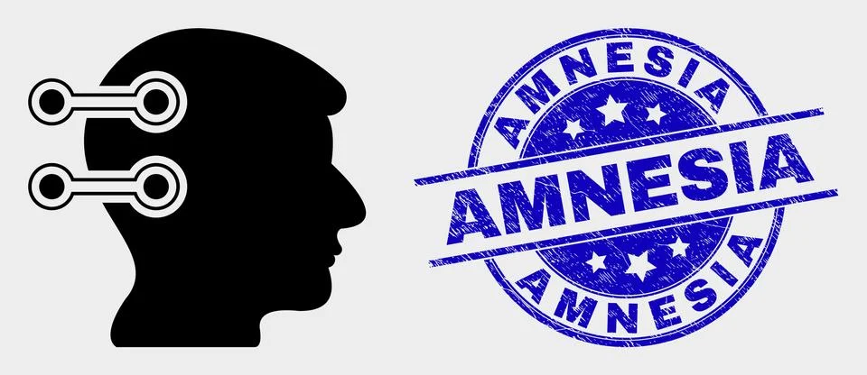Vector Brain Interface Links Icon and Distress Amnesia Stamp Seal Stock Illustration