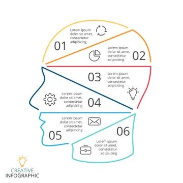 Vector brain linear infographic. Human head diagram, artificial intelligence Stock Illustration