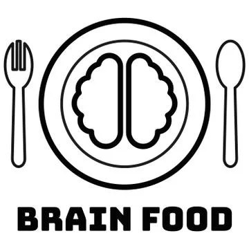 Vector of brain outline on the dinner dish with spoon and folk. Stock Illustration