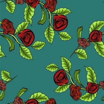 Vector branch of red roses isolated on a green background. Seamless pattern. Stock Illustration