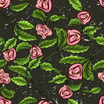 Vector branch of red roses isolated on a black background. Seamless pattern. 스톡 일러스트