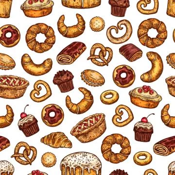 Vector bread and desserts pastry sketch pattern Stockillustratie