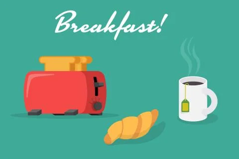 Vector Breakfast benner with toaster, croissant and cup of tea Stock Illustration