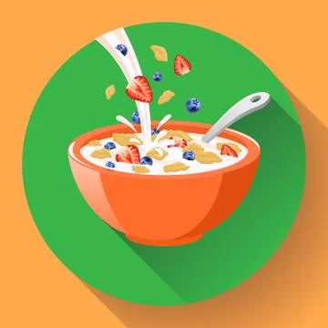 Vector breakfast cereal in bowl filled with milk and berries, flat cereal bowl Stock-Illustration