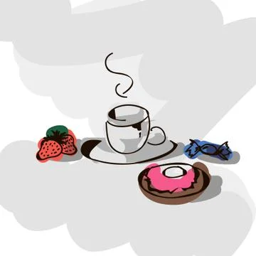 Vector breakfast - tea, strawbwerry, candy, donut Stock Illustration
