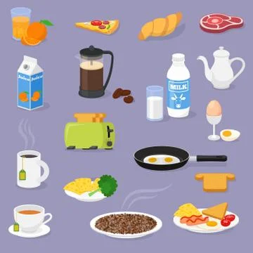 Vector breakfast time illustration with fresh food and drinks. Vector icons set. Illustrazione stock