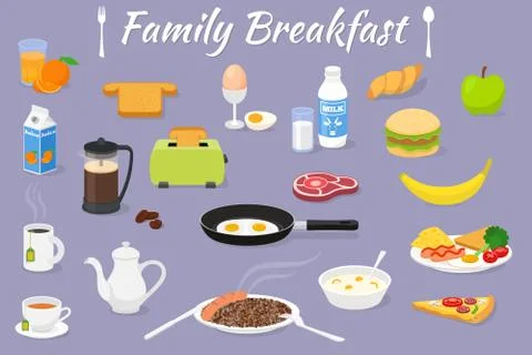 Vector breakfast time illustration with fresh food and drinks. Vector icons set. Stock Illustration