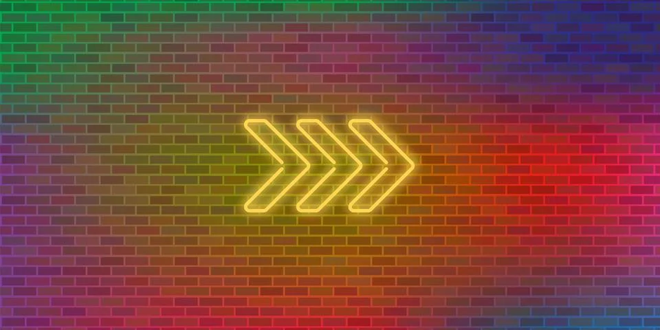 Vector Brick Wall Background. Yellow Neon Arrow. Abstract Colorful Brick Patt Stock Illustration