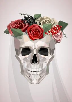 Vector bride skull with wreath and veil on light pink background Stock Illustration