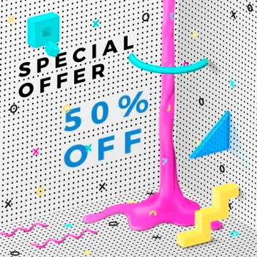Vector bright abstract memphis style banner with liquid and geometric shapes Stock Illustration