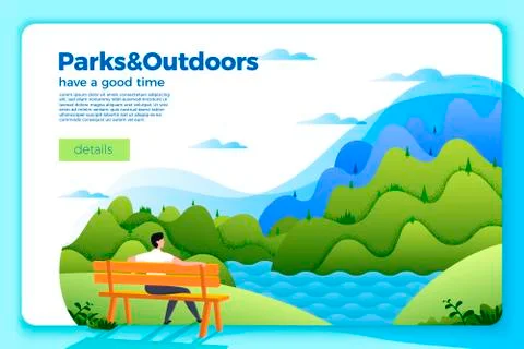 Vector bright banner template with man on a bench on the river bank Stock Illustration