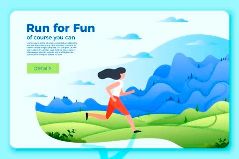 Vector bright banner template with running girl. Forest, river Stock Illustration