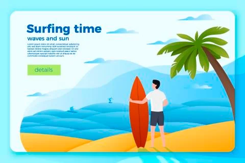Vector bright banner template with surfer on an ocean beach Stock Illustration