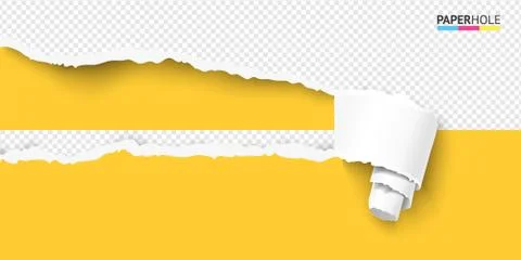Vector bright banner of torn paper scroll and hole on transparent background for Illustrazione stock