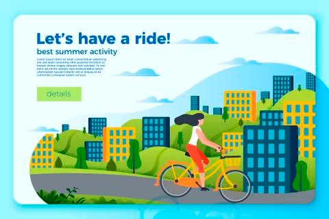 Vector bright bicycle ride banner template with girl on a bike. Stock Illustration