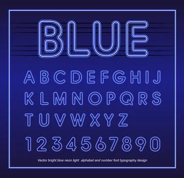 Vector bright blue neon light alphabet and number font typography design Stock Illustration