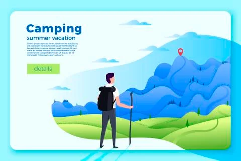 Vector bright camping banner template with man looking on forest Stock Illustration