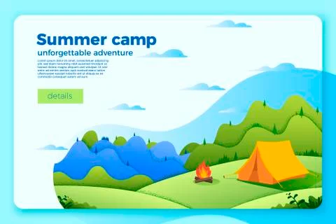 Vector bright camping banner template with bonfire near the tent Stock Illustration