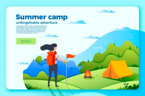 Vector bright camping banner template with tourist girl looking on bonfire Stock Illustration