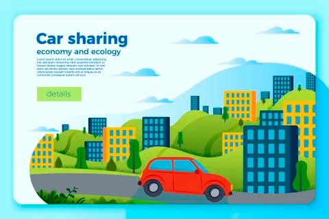 Vector bright car share ride banner template. City and green hills Stock Illustration