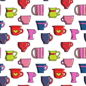 Vector bright colorful seamless pattern of mugs, lollipops and candy in doodle Stock Illustration