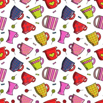 Vector bright colorful seamless pattern of mugs, lollipops and candy in doodle Stock Illustration