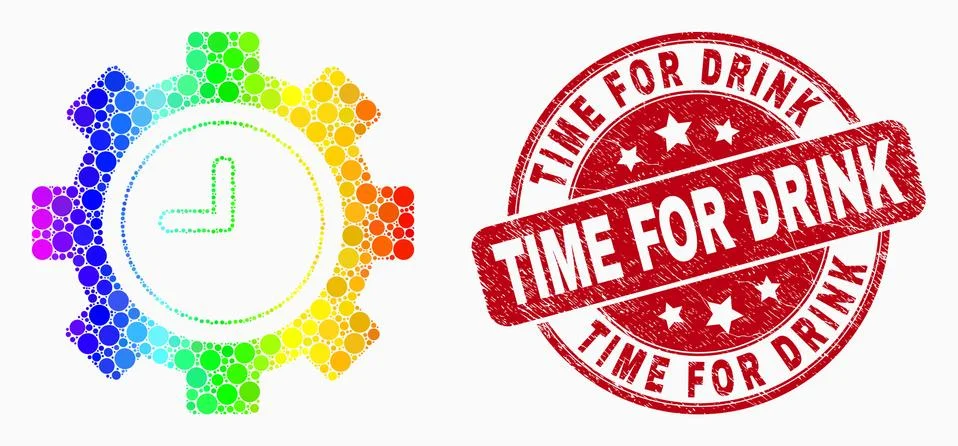 Vector Bright Dot Clock Settings Gear Icon and Scratched Time for Drink Seal Stock-Illustration