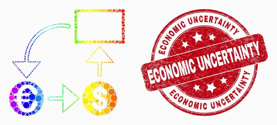Vector Bright Dot Currency Conversion Scheme Icon and Grunge Economic Uncerta Stock Illustration