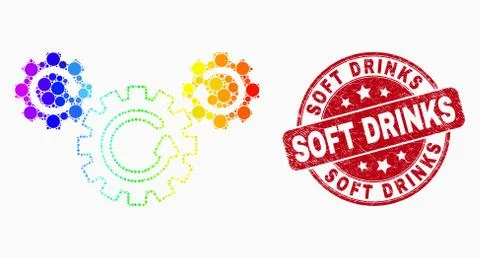 Vector Bright Dot Gear Rotation Icon and Distress Soft Drinks Stamp Stock Illustration