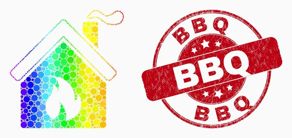Vector Bright Dot Kitchen Building Icon and Grunge BBQ Stamp Seal Ilustración de archivo