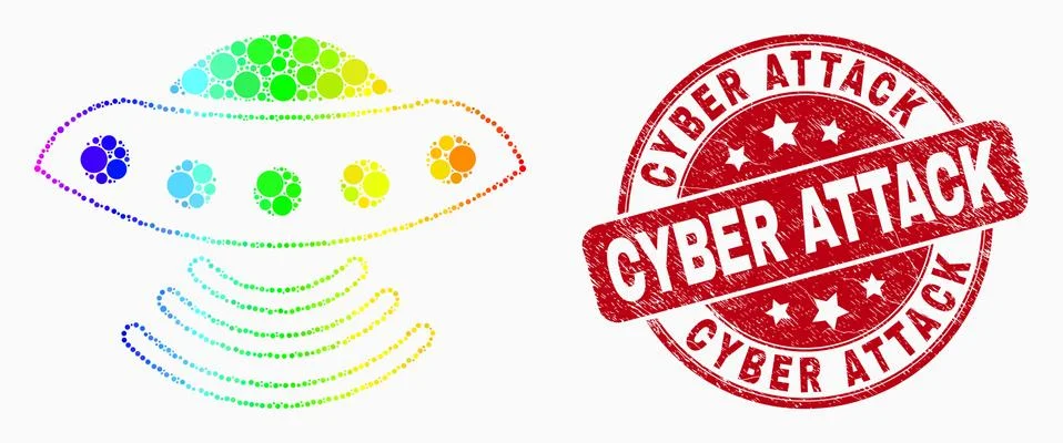 Vector Bright Dot UFO Icon and Distress Cyber Attack Stamp Stock Illustration