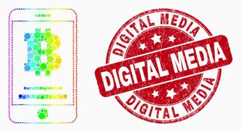 Vector Bright Dotted Bitcoin Mobile Account Icon and Grunge Digital Media Sta Stock Illustration