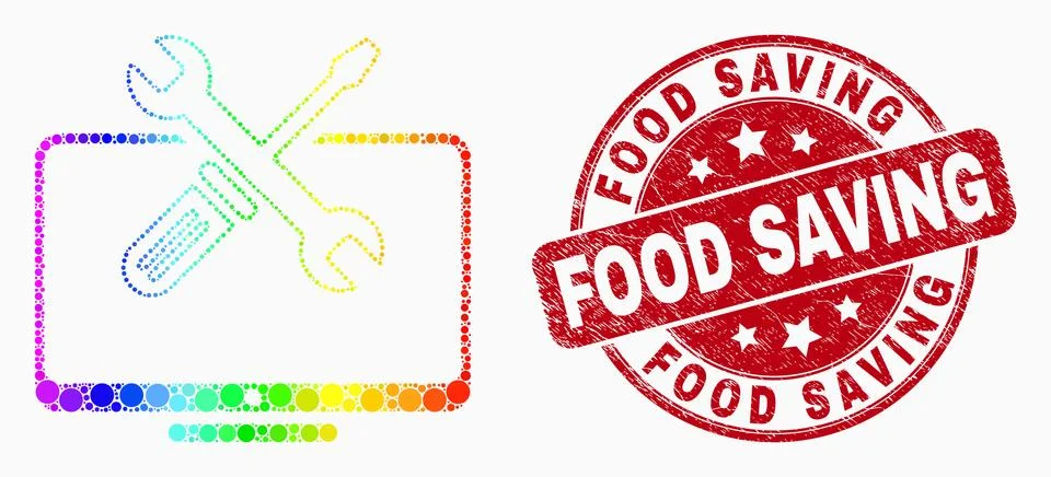 Vector Bright Dotted Desktop Tools Icon and Scratched Food Saving Watermark 스톡 일러스트