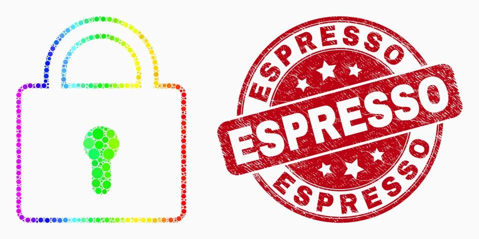 Vector Bright Dotted Lock Icon and Scratched Espresso Stamp Seal Stockillustratie