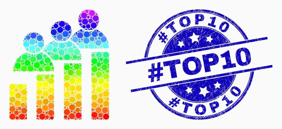 Vector Bright Dotted People Bar Chart Icon and Grunge #Top10 Seal Stock Illustration