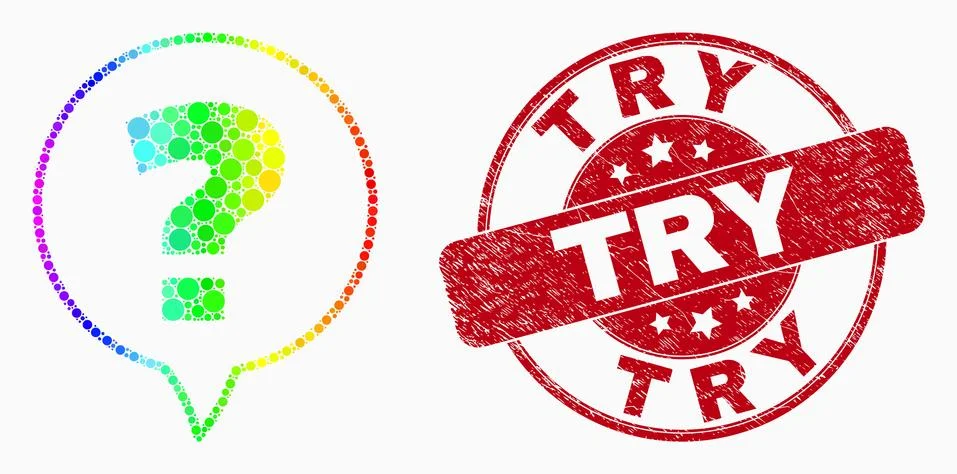 Vector Bright Dotted Question Icon and Scratched Try Stamp Seal Stock Illustration