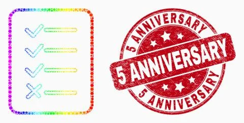 Vector Bright Dotted Task List Page Icon and Scratched 5 Anniversary Seal Stock Illustration