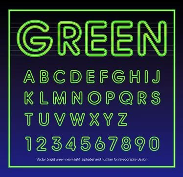 Vector bright green neon light alphabet and number font typography design Stock Illustration