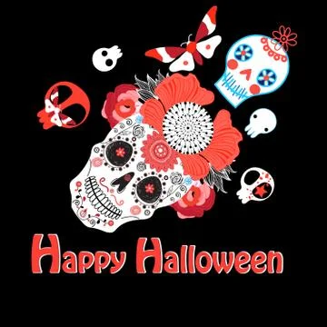 Vector bright greeting card with skulls for Halloween Stock Illustration