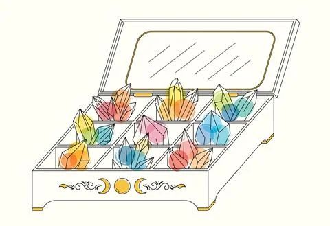Vector bright line art sketch colorful quartz crystals in jewelry box Stock Illustration
