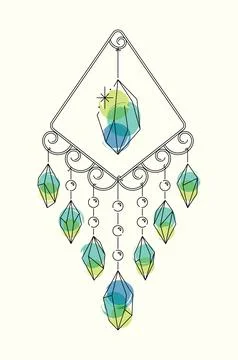 Vector bright lineart sketch emerald crystal dreamcatcher Stock Illustration