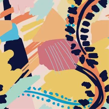 Vector Bright Pastel Abstract Paint Pattern with Botanical Elements Stock Illustration