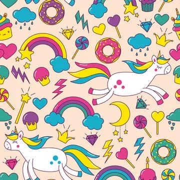 Vector bright pattern with unicorns, rainbows, moon, handouts, candies Illustrazione stock