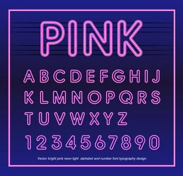 Vector bright pink neon light alphabet and number font typography design Stock Illustration