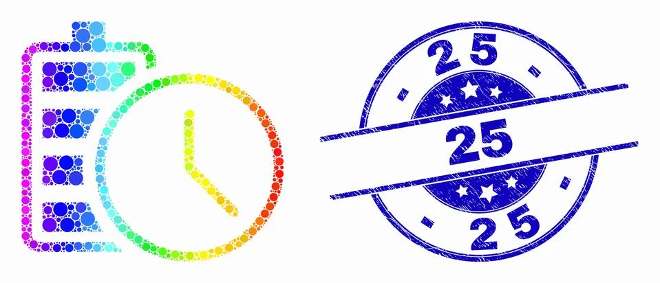 Vector Bright Pixel Battery Charge Time Icon and Grunge 25 Stamp Illustrazione stock