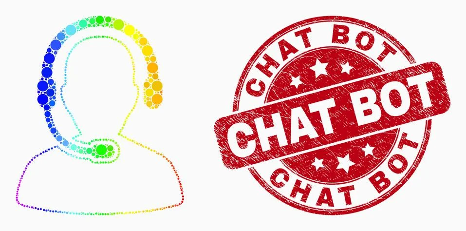 Vector Bright Pixel Call Center Operator Icon and Grunge Chat Bot Seal 스톡 일러스트