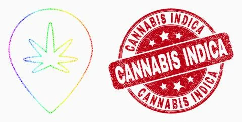 Vector Bright Pixel Cannabis Map Marker Icon and Scratched Cannabis Indica Se 스톡 일러스트