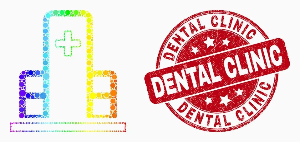 Vector Bright Pixel Clinic Building Icon and Distress Dental Clinic Seal Ilustración de archivo